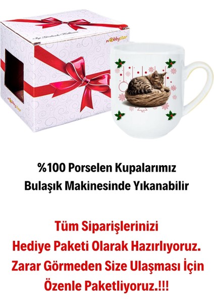 Yeni Yıl Uykucu Kedi Baskılı Lüx Kupa Bardak Porselen Çay Kahve Fincanı modelleri