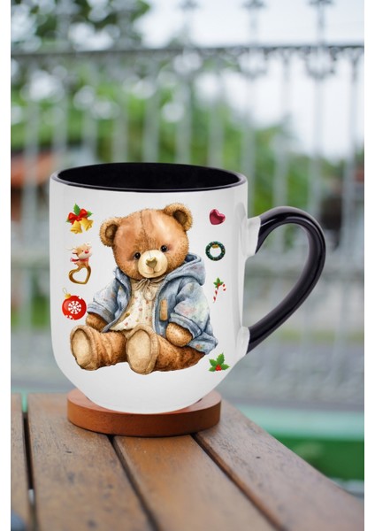 Yeni Yıl Oyuncak Ayı Teddy Bear Baskılı Içi Siyah Lüx Kupa Bardak Porselen Çay Kahve Fincanı