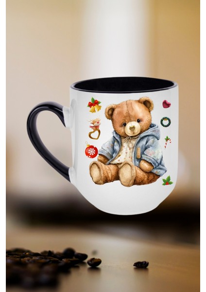 Yeni Yıl Oyuncak Ayı Teddy Bear Baskılı Içi Siyah Lüx Kupa Bardak Porselen Çay Kahve Fincanı