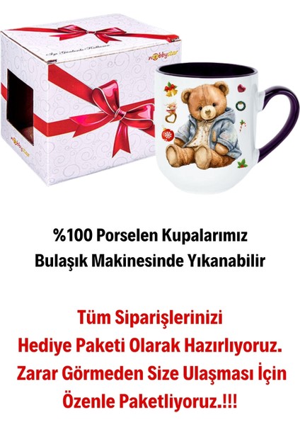 Yeni Yıl Oyuncak Ayı Teddy Bear Baskılı Içi Siyah Lüx Kupa Bardak Porselen Çay Kahve Fincanı