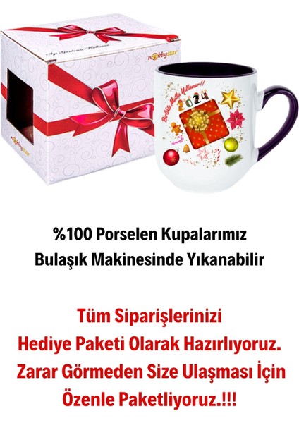 Yılbaşı 2024 Baskılı Içi Siyah Lüx Kupa Bardak Porselen Çay Kahve Fincanı