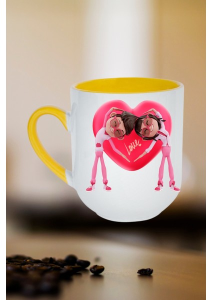 Mutlu Çiftler Love Kalp Baskılı Hediye Içi Sarı Lüx Kupa Bardak Porselen Çay Kahve Fincanı
