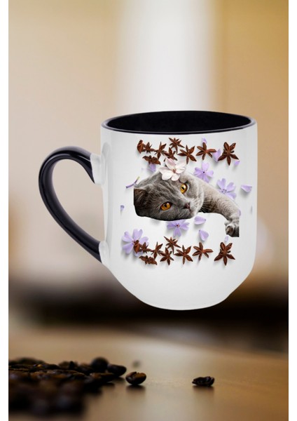 Sevimli Kedi Baskılı Içi Siyah Lüx Kupa Bardak Porselen Çay Kahve Fincanı