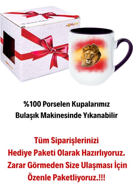 Taraftar Sarı Kırmızı Arslan Baskılı Içi Siyah Lüx Kupa Bardak Porselen Çay Kahve Fincanı