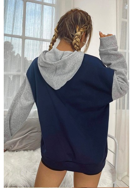 Your Self Oversize Kadın Baskılı Lacivert Kapüşonlu Sweatshirt fırsatları