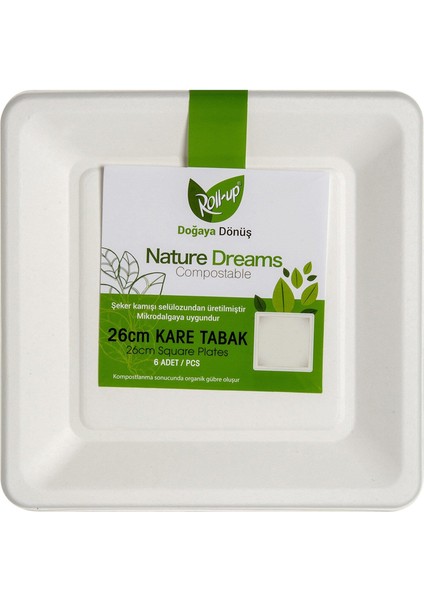 Nature Ekolojik Karton Kağıt Parti Tek Kullanımlık Kare Tabak - 26 Cm. - 6 Adetlik 10 Paket