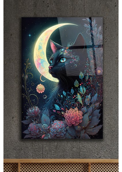 Mistik Ay Kedisi ve Çiçekler Cam Tablo