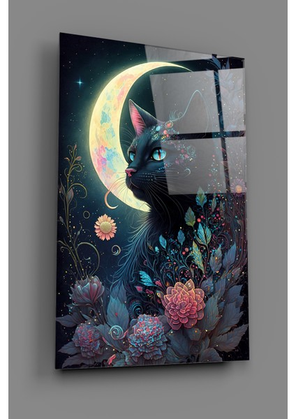 Mistik Ay Kedisi ve Çiçekler Cam Tablo fiyatları