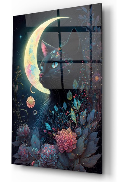 Mistik Ay Kedisi ve Çiçekler Cam Tablo modelleri