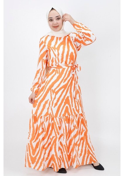 3032 Zebra Desenli Şifon Kumaş Elbise