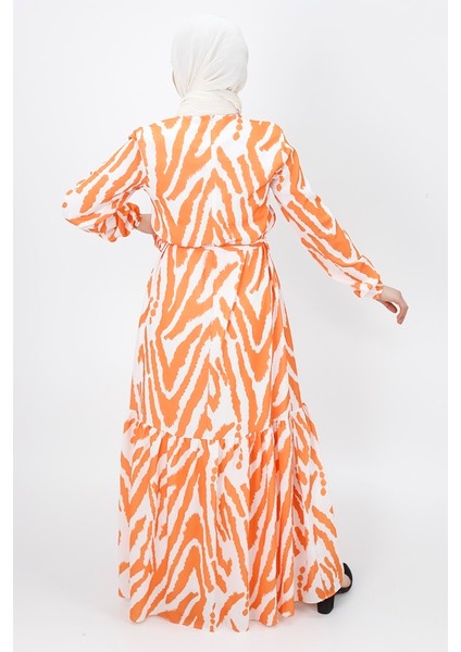 3032 Zebra Desenli Şifon Kumaş Elbise