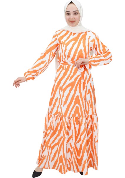 3032 Zebra Desenli Şifon Kumaş Elbise