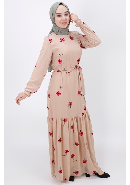 3038 Nakış Modelli Şifon Kumaş Elbise