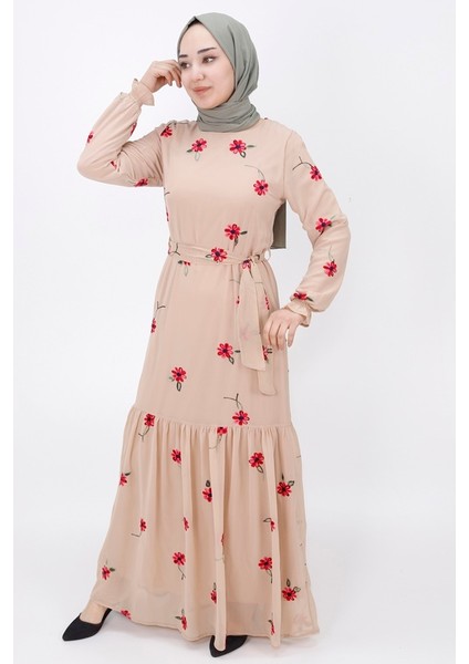 3038 Nakış Modelli Şifon Kumaş Elbise modelleri