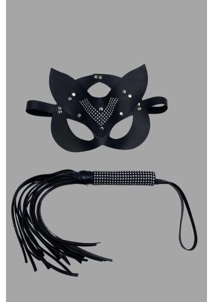 Taşlı Deri Kırbaç ve Maske 2 Li Set 700948