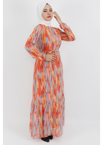 403 Zigzag Desenli Şifon Kumaş Elbise
