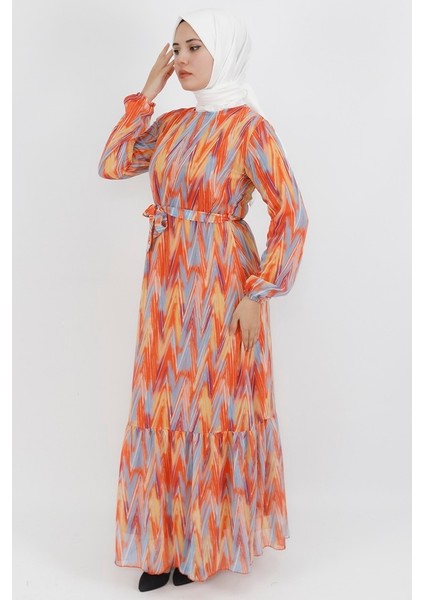 403 Zigzag Desenli Şifon Kumaş Elbise