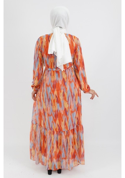 403 Zigzag Desenli Şifon Kumaş Elbise