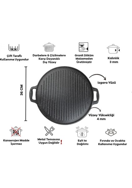 Çift Taraflı Döküm Izgara ve Gözleme Pizza Pankek Hamur Tavası 34CM