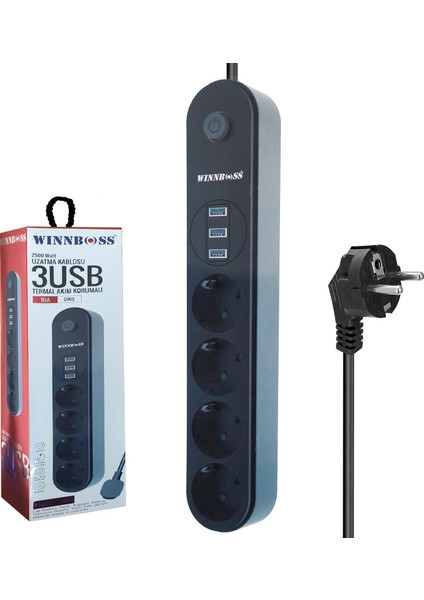 Akım Korumalı Priz Dörtlü Anahtarlı 2mt 3xusb Wınnboss WN-3402