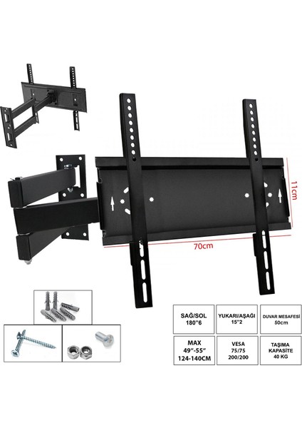 LCD Askı Aparatı Hareketli Üç Kollu 49 55 124-140CM Curvet Ufix 7011