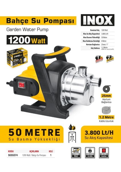 Bahçe Pompası 1200 Watt(Inox)