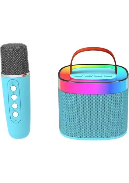 Diamond Ledli Turkuaz Bluetooth Hoparlör ve Mikrofon Kablosuz Mini Karaoke Seti Mikrofonlu Mavi