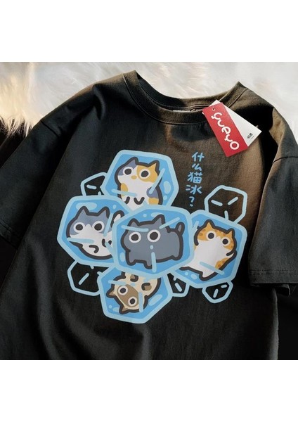 Y2K Cat In Ice Cube Baskılı Siyah Oversize T-Shirt fiyatları