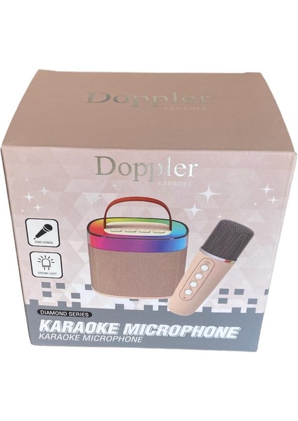 Diamond Ledli Krem Bluetooth Hoparlör ve Mikrofon Kablosuz Mini Karaoke Seti Mikrofonlu