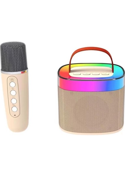 Diamond Ledli Krem Bluetooth Hoparlör ve Mikrofon Kablosuz Mini Karaoke Seti Mikrofonlu