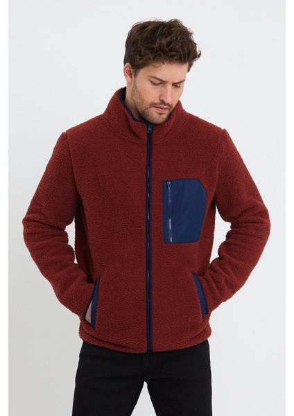 Erkek Dik Yaka Fermuarlı Peluş Ceket Kiremit modelleri