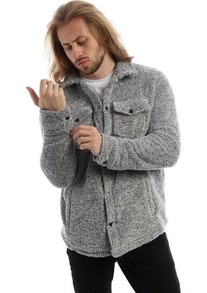 Erkek Çıt Çıt Detaylı Cepli Peluş Ceket Açık Gri-Melanj