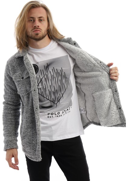 Erkek Çıt Çıt Detaylı Cepli Peluş Ceket Açık Gri-Melanj fiyatları