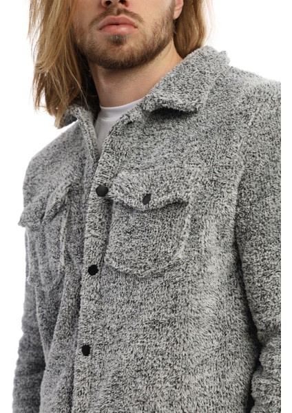 Erkek Çıt Çıt Detaylı Cepli Peluş Ceket Açık Gri-Melanj fırsatları