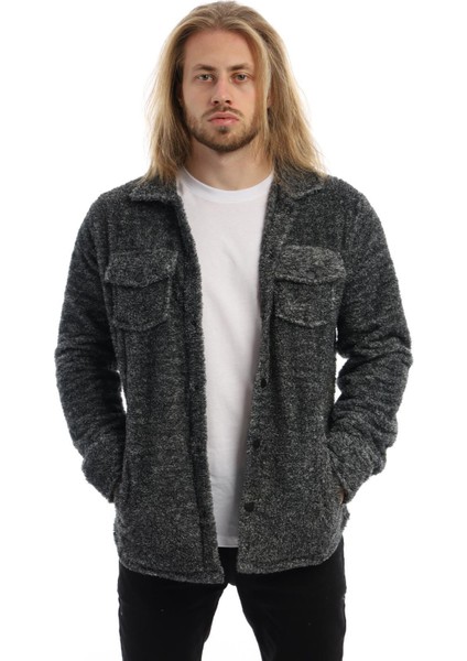 Erkek Oversize Çıt Çıt Kapamalı Cepli Peluş Antrasit Melanj Ceket