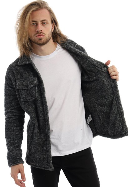 Erkek Oversize Çıt Çıt Kapamalı Cepli Peluş Antrasit Melanj Ceket fiyatları