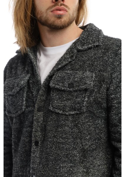 Erkek Oversize Çıt Çıt Kapamalı Cepli Peluş Antrasit Melanj Ceket modelleri