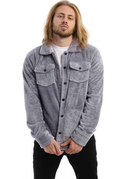 Erkek Oversize Çıt Çıt Kapamalı Cepli Peluş Gri Ceket