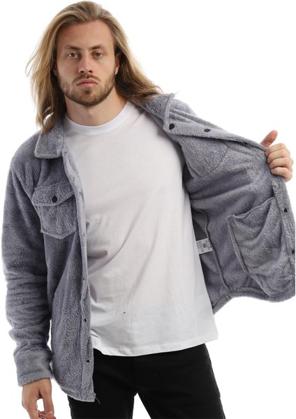 Erkek Oversize Çıt Çıt Kapamalı Cepli Peluş Gri Ceket fiyatları