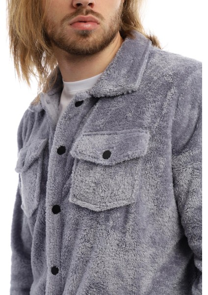 Erkek Oversize Çıt Çıt Kapamalı Cepli Peluş Gri Ceket modelleri
