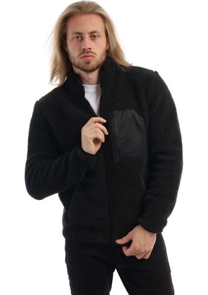 Erkek Dik Yaka Fermuarlı Peluş Ceket Siyah