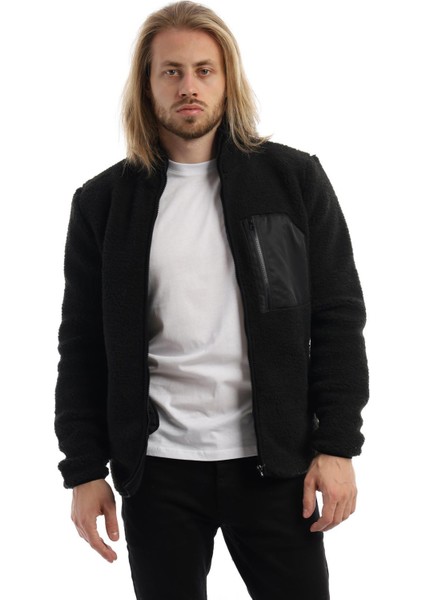 Erkek Dik Yaka Fermuarlı Peluş Ceket Siyah modelleri