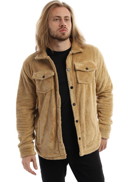 Erkek Oversize Çıt Çıt Kapamalı Cepli Peluş Kahverengi Ceket