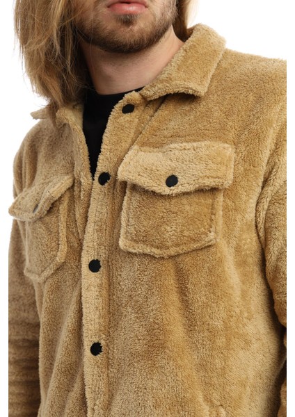 Erkek Oversize Çıt Çıt Kapamalı Cepli Peluş Kahverengi Ceket modelleri