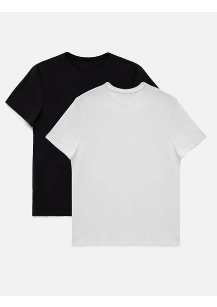 3A Moda Erkek Siyah-Beyaz T- Shirt Regular Fit Rahat Kesim V Yaka 2'li Basic Tişört Paketi