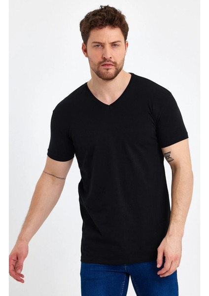 3A Moda Erkek Siyah-Beyaz T- Shirt Regular Fit Rahat Kesim V Yaka 2'li Basic Tişört Paketi