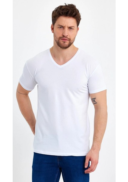 3A Moda Erkek Siyah-Beyaz T- Shirt Regular Fit Rahat Kesim V Yaka 2'li Basic Tişört Paketi