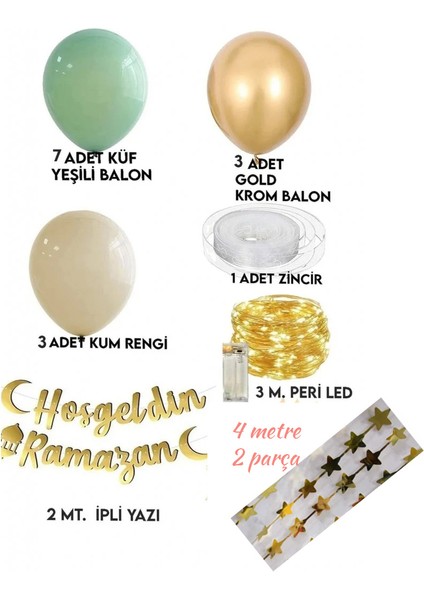 Hoşgeldin Ramazan Gold Yazı Ledli Zincir Balon Seti 11 Ayın Sultanı Ramazan Bayramı Oda Süsleme Seti