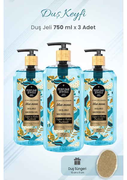 Duş Jeli Blue Moon 750 ml x 3 Adet ve Duş Süngeri