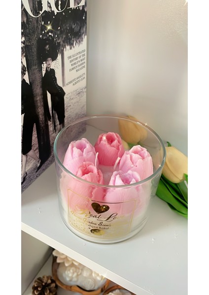 Real Love Pembe Laleler Dekoratif Kokulu Mum/ Pink Tulips Handmade Scented Candle